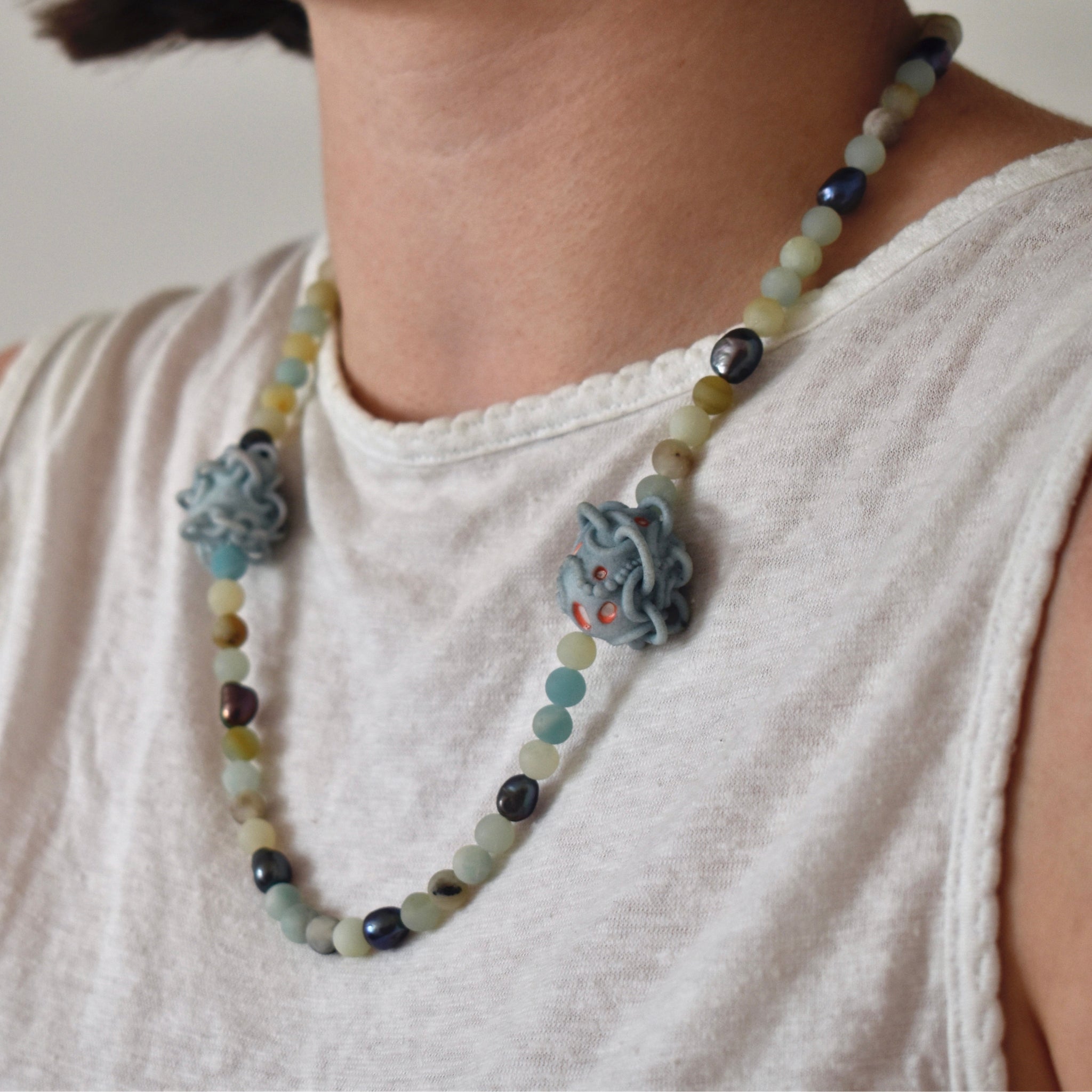 Blue Apatite Freshwater Pearl and Nylon Necklace
